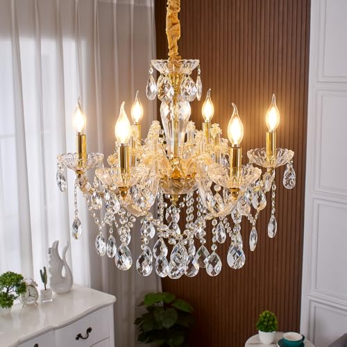 Image of YLONG-ZS 6-Light Crystal Gold Chandelier Light Fixture for Bedroom,Modern Pendant Light Crystal Raindrop Lighting Hanging Chandelier for Living Room, Kitchen,Dining Room, Bedroom,Entryway