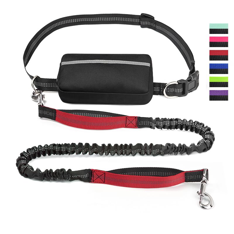 Hands Free Dog Lead with Waist Pouch, Reflective Adjustable Running Dog Lead, Bungee Shock Absorption Walking Belt Lead for Small Medium Large Dogs (Red)