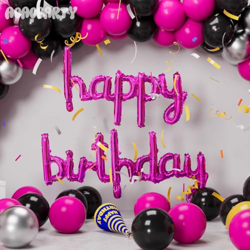 Image of Hot Pink Happy Birthday Balloons Banner 16 Inch Mylar Foil | Happy Birthday Letters Sign for Women Men Adults Birthday Party Decorations
