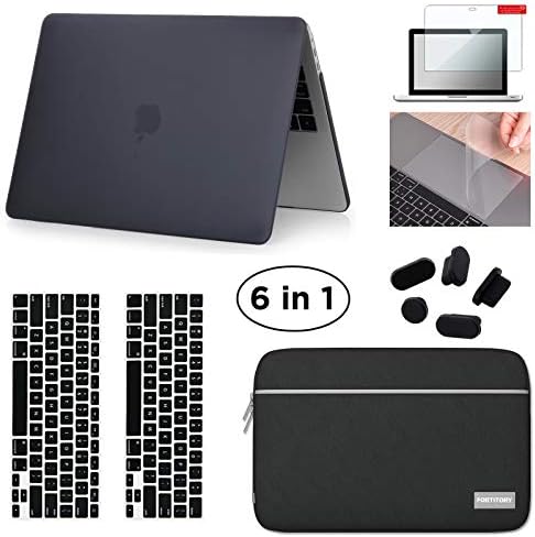 Fortitory MacBook Pro 13"(2016-2018 Version) A1706/A1708/A1989 Plastic Hardshell Case & Water-Resistant Sleeve 6 in 1 Bundle with Screen Protector,Keyboard Skin,Trackpad Protector,Dust Plug - Black