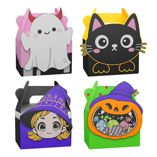 Giphtkom 24PCS Cute Halloween Candy Boxes Trick or Treat Boxes for Snacks Goodie Toys and Gifts 4 of Cute Pumpkin Ghost Witch and Cat Patterns for Kids Halloween Party Favor Supplies