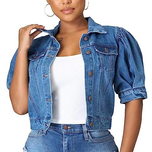 Jeansjacke Mädchen, Damen-Jeansjacke Mit Puffärmeln Modisch...
