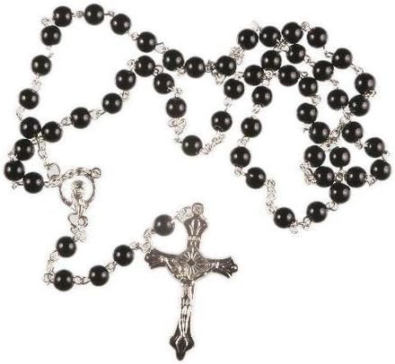 BLACK Glass Rosary Beads Rosaries Silver Metal Crucifix