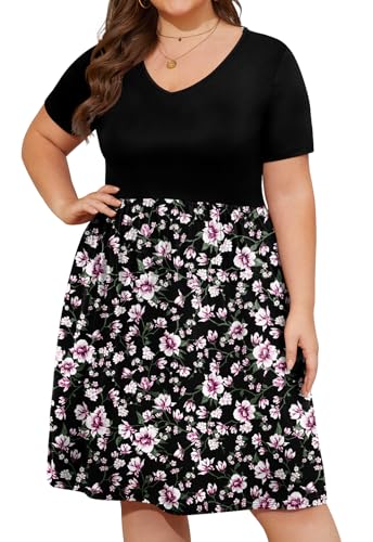 Image of DB MOON Women Plus Size Dresses 2026 Summer Casual V Neck Short Sleeve Knee Length Dress with Pockets