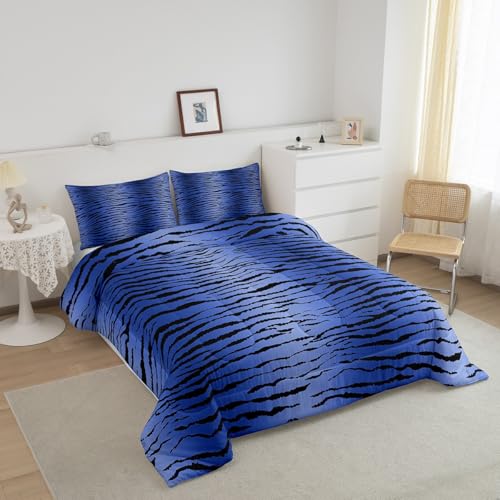 Image of Feelyou Kids Blue Black Boys Girls Bedding Set Full, Zebra Stripes Comforter Safari Animal Fur Print Comforter Set for Kids Teens Jungle Duvet Set 3Pcs