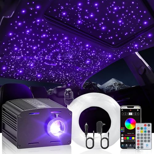 16W Twinkle & Music Sound Activated Starlight Headliner Kit for Car Home Star Ceiling, RGBW 300pcs*0.03in*9.8ft Fiber Optic Car Roof Sky Lights, APP& Remote Controlled Engine End Glow Fiber Strands