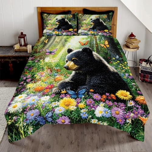 Jeminise Vintage Black Bear Quilt Set- Lightweight All Season Bear Bedding, Animals Bedding Set, Rustic Bed Set - Family Bears Bedspread for Bedroom (Bear Style 1, 5 Sizes)