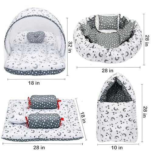 Image of Infantbond Designer Mattress with Net | Baby Carry Bag | 4 Pcs Bedding | 1 Nest(0-6 Months) (Moon Grey)