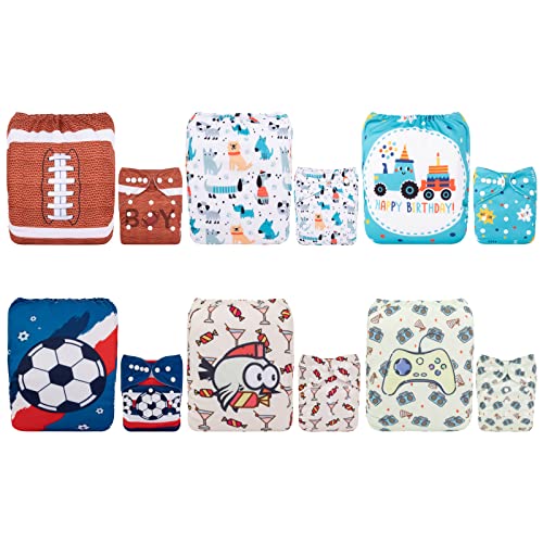 Image of ALVABABY Baby Cloth Diaper 6 Pack with 12 Inserts One Size Cloth Diaper Covers Adjustable Washable Reusable for Baby Girls and Boys