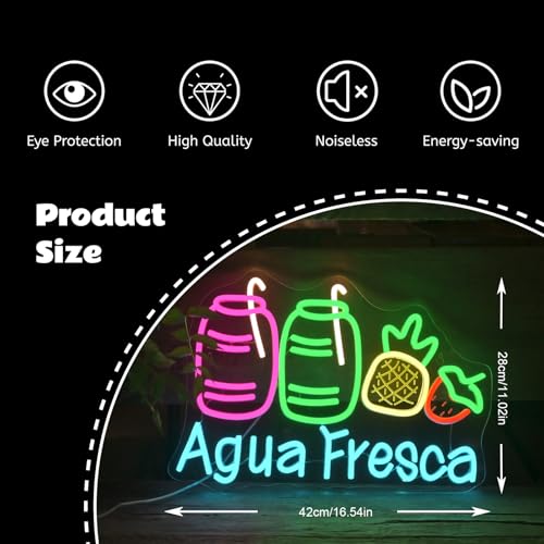 Image of Agua Fresca Neon Signs for Wall Decor Dimmable Colorful LED Light with Fruits and Straw USB Powered Fun Signs for Latin Restaurants Store Food Stalls Cafes Bars Kitchens