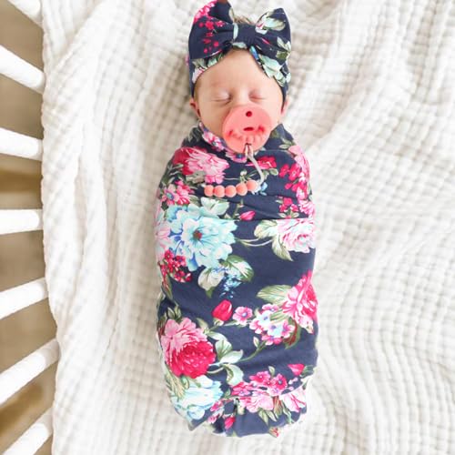 Image of DRESHOW BQUBO Baby Girl Newborn Receiving Blanket with Bow Hat Headband Wooden Birth Announcement Card Set Baby Floral Print Nursery Swaddle Wrap