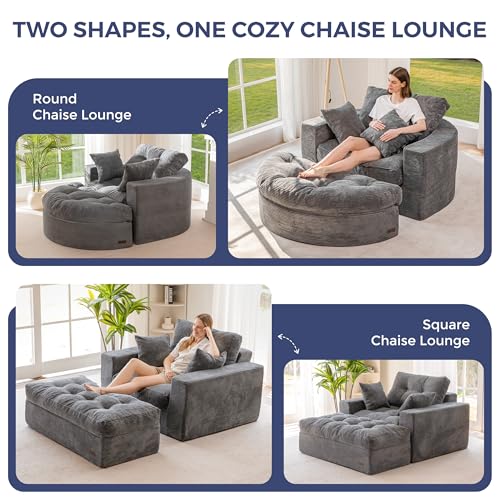 Image of MAXYOYO Modular Sectional Chaise Lounge Sofa, 2 Sets Upholstered Lounge Chair with Ottoman, Comfy Round+ Square Couch with Layered Cushion, Tufted Sleeper Chair for Living Room, No Assembly, Dark Grey
