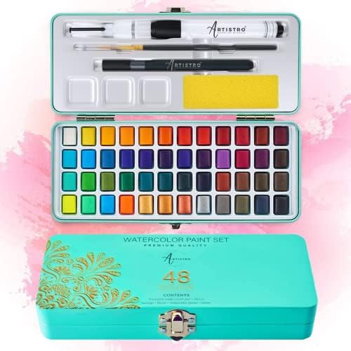 ARTISTRO Watercolor Paint Set, 48 Vivid Colors in Portable Box, Including Metallic and Fluorescent Colors. Perfect Travel Watercolor Set for Artists, Amateur Hobbyists and Painting Lovers