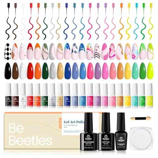 beetles Gel Polish Nail Art Liner Gel Set 20 Colors Gel Art Paint for Swirl Nails with Base Top Coat Thin Nail Brush in Bottle Soak off White Black Red Silver Nude Glitter Gel for Women Girls