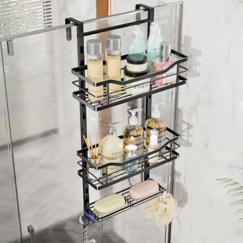 SWTYMIKI Over the Door Shower Caddy - 3 Tier Adjustable Shower Organizer Hanging with Soap Holder No Drilling Stainless Steel Bathroom Rack Hanging for Body Wash Shampoo Soap Razor Black