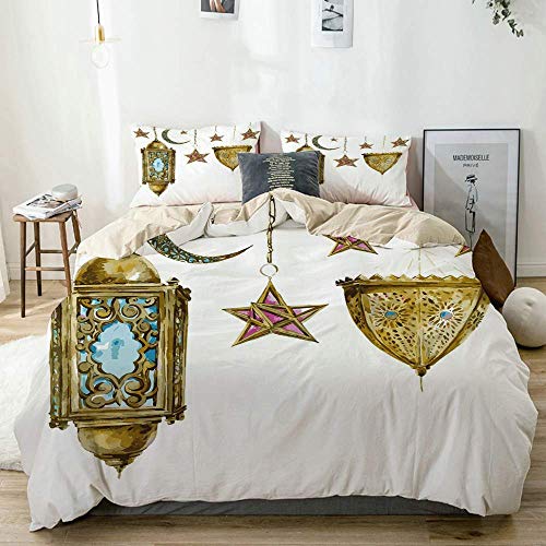 Kanaite Juego de Funda nórdica en Beige, Linterna con Estampado de Estrellas Luna en Acuarela, Juego de Cama Decorativo de 3 Piezas con 2 Fundas de Almohada