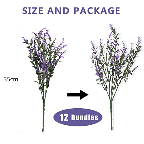 Homcomodar 12 Bundles Artificial Lavender Flower Plastic UV Resistant Outdoor Plant Bush Fake Greenery Plant Flowers for Garden Yard Porch Window Indoor Outside Decoration(Purple)