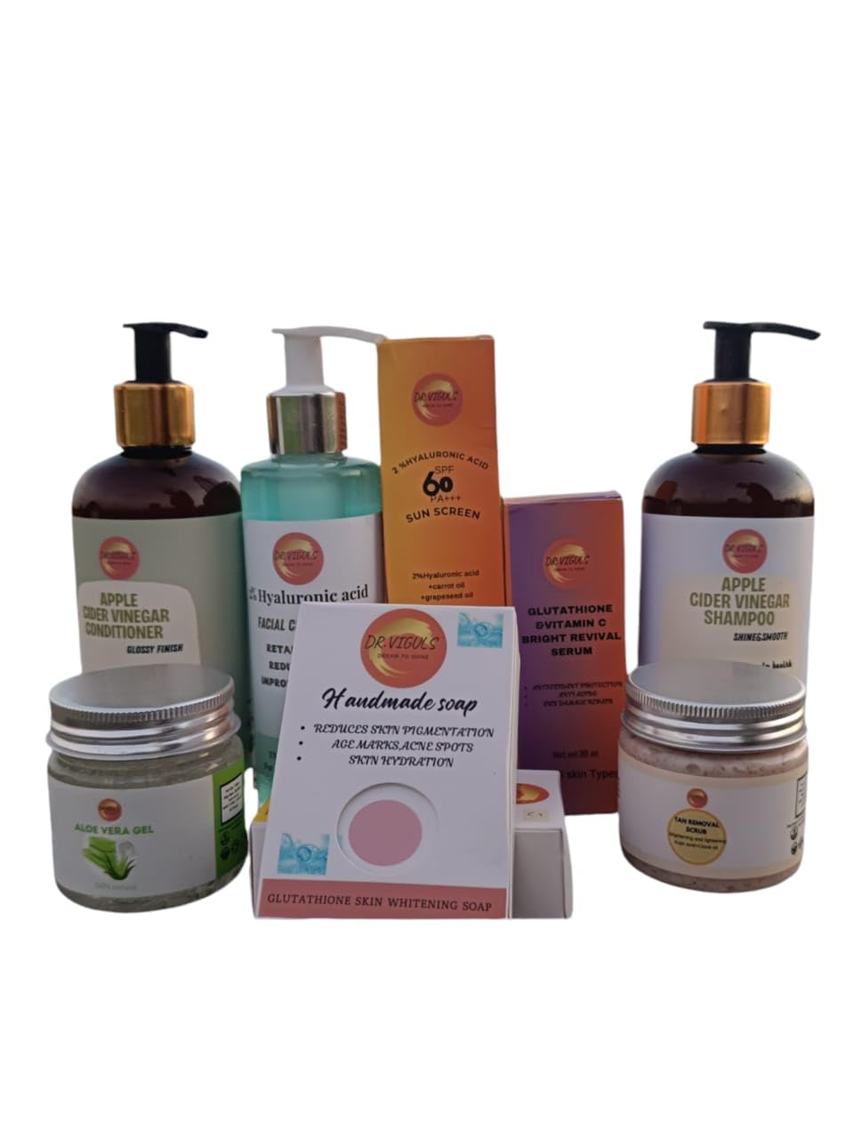 DR.VIGULS| BRIDAL MINI PAMPER KIT| APPLE CIDER VINEGAR 300ML | APPLE CIDER VINEGAR CONDITIONER 300ML| 2% HYALURONIC ACID FACE CLENANSER 200ML | ALOEVERA GEL 100GM | TAN REMOVAL SCRUB|GLUTATHIONE AND VIT-C BRIGHTING SERUM | HYALURONIC ACID SPF 60 PA+++ SUNSCREEN GLUTATHIONE SKIN WHITENING SOAP |