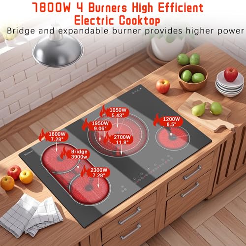 Karinear Electric Cooktop 30 Inch, 4 Burners Electric Stove Top, Flexible Bridge &Triple Ring Expandable Burners, Pause, Timer, Child Safety Lock, 7800W Built-in Ceramic Cooktop for 220-240V Hard Wire by Karinear - Image 4