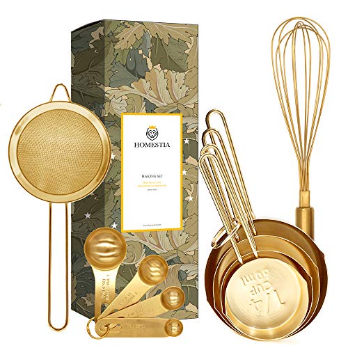 Homestia 10PCS Gold Measuring Spoons and Cups Set, Stainless Steel, Kitchen essentials for Cooking and Baking, Measurements for Dry & Liquid Ingredients