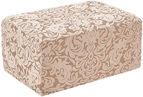 subrtex Ottoman Slipcover Jacquard Damask Oversize Stretch Storage Protector Rectangle Footstool Sofa Slip Cover for Foot Rest Stool Furniture in Living Room (XL, Damask Oatmeal)