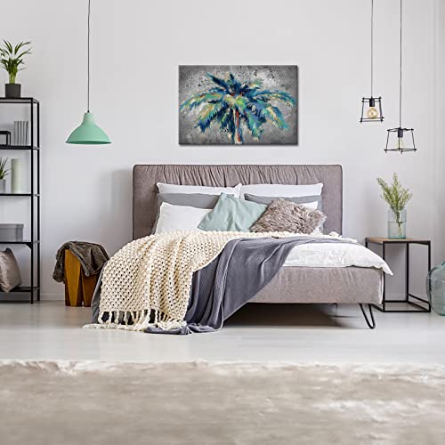 Fushvre Palm Tree Canvas Picture Teal And Golden Tropical Tree Leaves Wall Art For Hawaii Theme Home Office Decor Framed Ready To Hang 24"X36" #TOP4