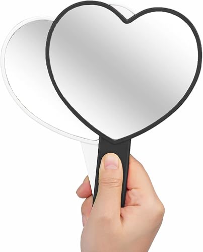 Miniatura 3 de 2 espejos de mano de maquillaje en forma de corazón, espejo de mano de viaje, espejo cosmético personal portátil con asa (blanco y negro)
