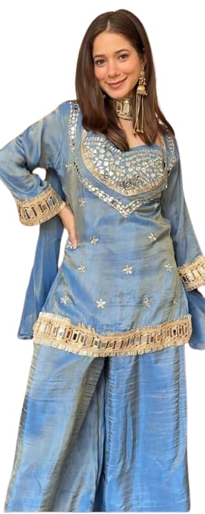 Women's Real Mirror Work Kurti Sharara Dupatta Set with Lace Border, Designer Occasion Wear Outfit-image-48