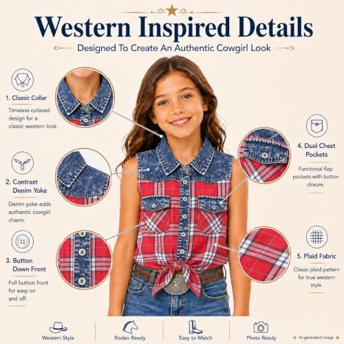 Image of Bienzoe Western Plaid Girls Shirt: Sleeveless Button Down