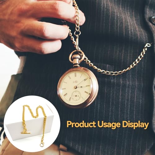 Zephyra Goldene Taschenuhrkette mit T-Bar – 37cm Metall Uhrkette für Herren & Damen, Klassische Kette für Weste, Karabinerverschluss, Vintage Uhrenkette als Accessoire oder Geschenk