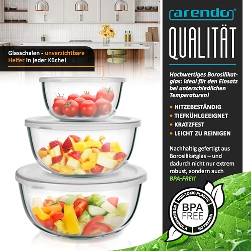 Arendo - Salatschüssel aus Glas mit Deckel - Glasschüssel 3er Set - 1100ml + 2700ml + 4400ml – Rührschüsseln klein bis groß – Borosilikatglas - Glasschale Salatglasschale 3