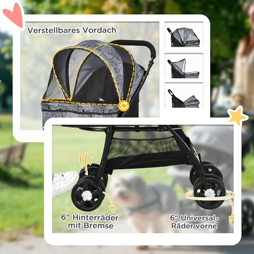PawHut Hundewagen, faltbarer Hundebuggy, Hundetrolley mit Kissen, Katzenbuggy, Katzenwagen mit 4 Rädern, Netzfenster, Stauraum für kleine Hunde, Katzen, 600D Oxford, Schwarz