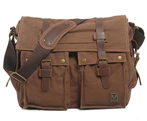 Men Casual Leather Canvas Shoulder Bookbag Hiking Satchel Messenger Handbag Bag (X-Large, Coffee)