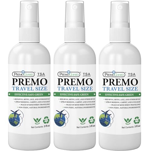 Image of Premo Guard Travel Size Bed Bug, Mite & Lice Spray, 3-Pack, TSA Approved | Carryon Approved, Natural Stain & Odor Free, Public Transportation, Accommodations & Luggage, Child & Pet Safe