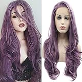 24' Long Purple Lace Front Wigs Wavy Heat Resistant Glueless Synthetic Hair Replacement Wig For Women Half Hand Tied