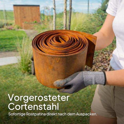 UNIGARDIA Rasenkante aus Cortenstahl 10 m - Beeteinfassung aus Metall 14 cm hoch - Einfache Montage - Beetumrandung mit Rost, 1 Paar Montagehandschuhe inklusive
