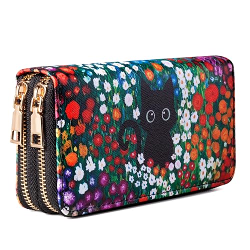 KAROMUS Black Cat Floral Double Zip Wallet for Women Cute Kawaii Aesthetic Small Wallet with Card Slots & Coin Pocket Compact Boho Travel Purse for Cat Lovers