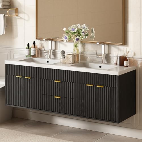 CARPETNAL 60 Inch Bathroom Vanity with Sink, Modern Fluted Large Double Sink Bathroom Vanity with Sink with 2 Storage Cabinets, Adjustable Shelf and 2 Drawers, Black