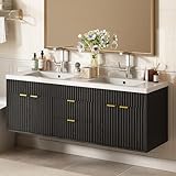 CARPETNAL 60 Inch Bathroom Vanity with Sink, Modern Fluted Large Double Sink Bathroom Vanity with Sink with 2 Storage Cabinets, Adjustable Shelf and 2 Drawers, Black