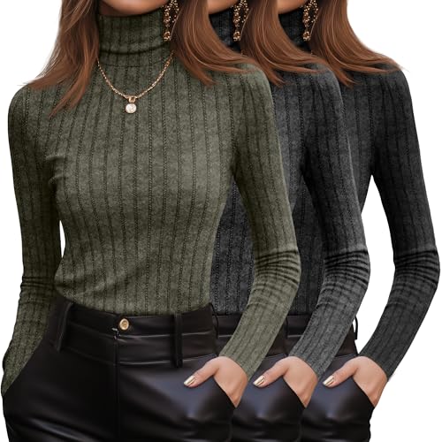 Oakgarden 3 Pack Women's Turtleneck Sweaters Ribbed Long Sleeve Turtle Neck Top Slim Fitted Knit Lightweight Pullover Sweater(Black, Dark Gray, Army Green,Medium)