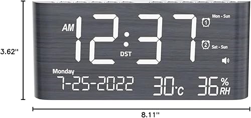 Miniatura 8 de PPLEE Reloj despertador digital de 8.7 pulgadas para dormitorio, reloj digital con día de la semana, mes, año, humedad y temperatura, brillo,