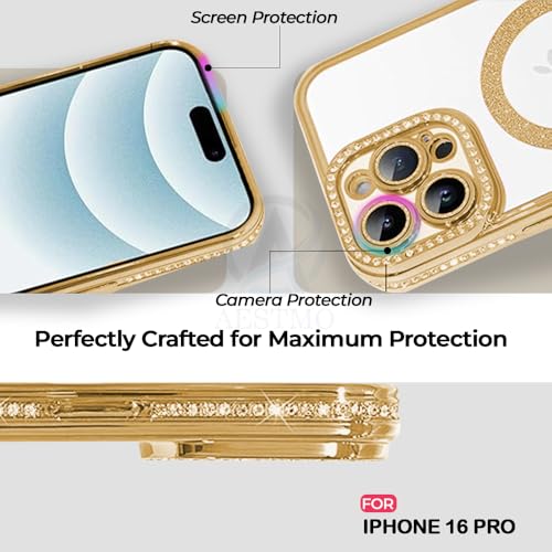 Image of AESTMO Back Cover for iPhone 16 Pro Compatible with MagSafe | Diamond Glitter Case | Luxury Bling Rhinestone Soft Clear TPU Bumper | Camera Lens Protection Cover for iPhone 16 Pro (Gold)