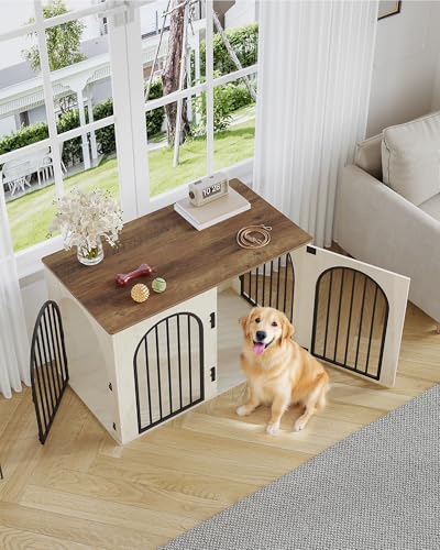Hzuaneri Hundekäfig Möbel, 108 cm Hundebox für Zuhause, 3 Türen, Bogentür, Moderne Hundebox Indoor für Hunde, Beistelltisch, Hundekäfig Hochbelastbar, 108 x 64 x 76 cm, Weiß Braun DFC86014B