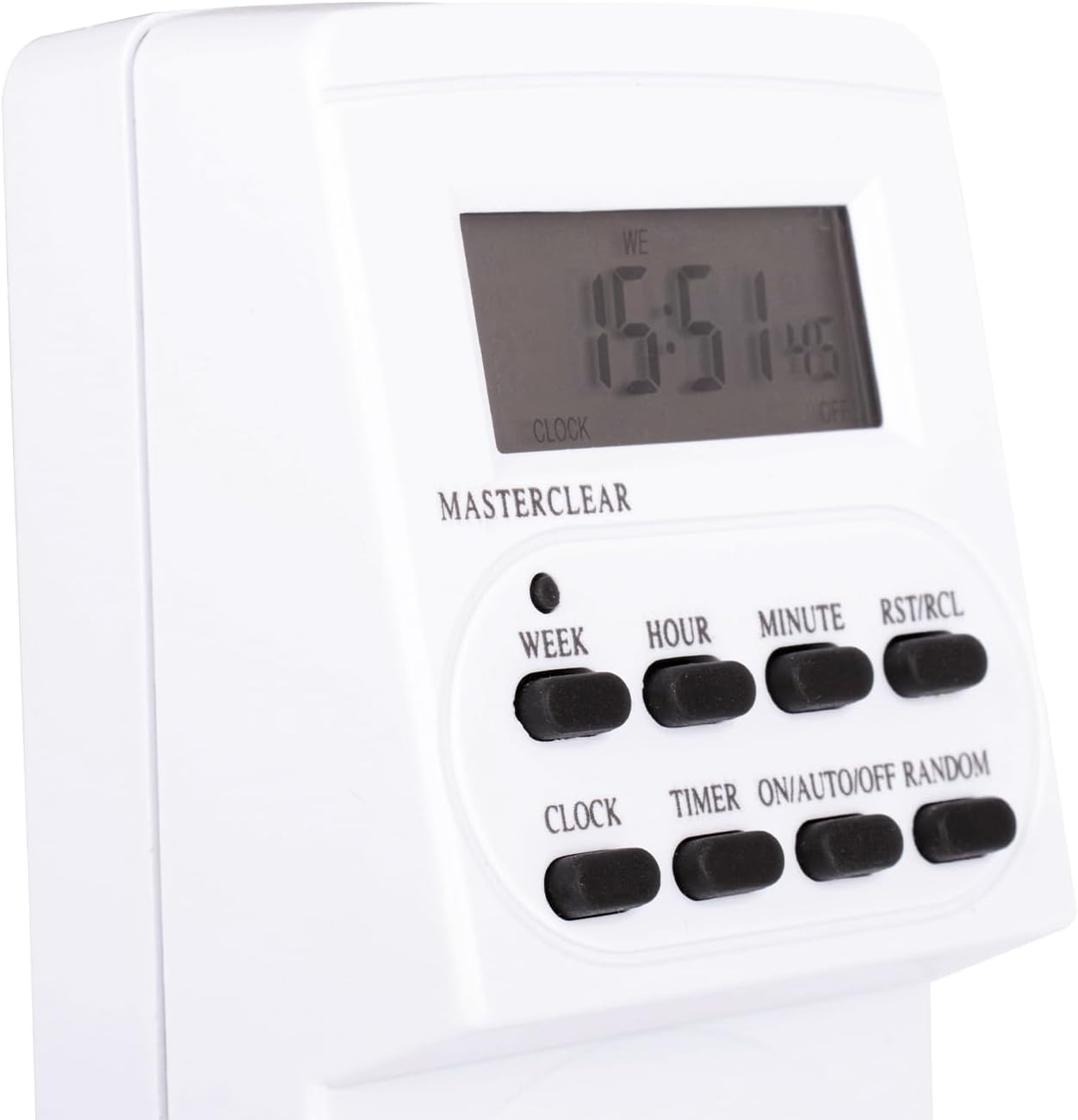 Close-up of the LCD display and control buttons on the SCS Sentinel HCN0081 programmable outlet.