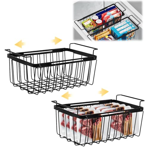 Cajas de almacenamiento mejoradas para congelador, paquete de 2 cajones extensibles para congelador, cestas universales con asas de pecho, más fáciles de llevar, añade
