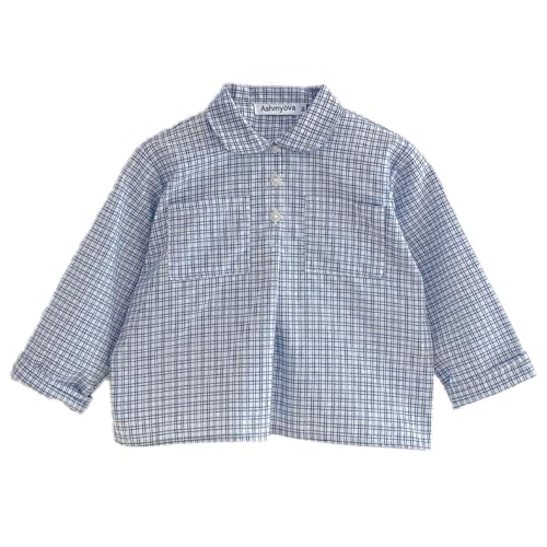Image of Ashmyova Boys Long Sleeve Vintage Plaid Blouses Shirt Cotton Classic Collared Button-Down Shirts Spring Tees Pocket Tops