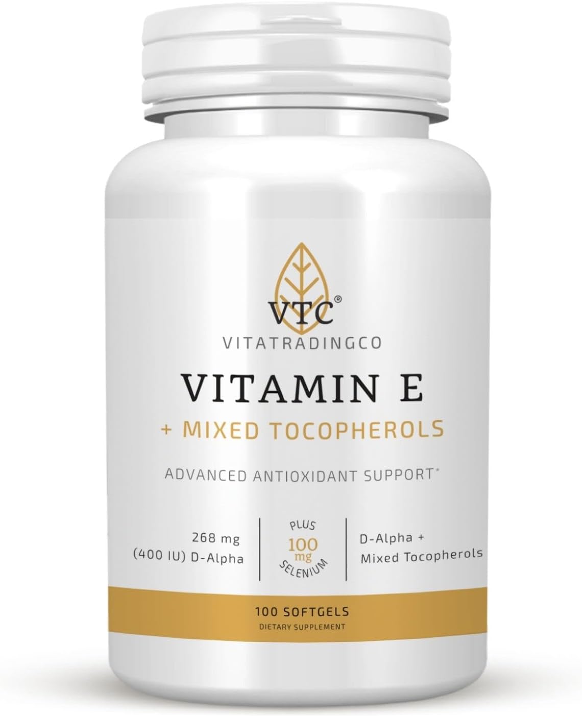 VTC VitaTradingCo. Vitamin E + Mixed Tocopherols | 400 IU Vitamin E | with Selenium & D-Alpha | Powerful Antioxidant | Skin, Heart, & Immune Support | 100 Softgels