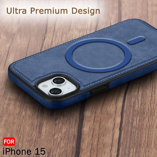 Image of TheGiftKart Genuine Leather Finish Back Cover Case for iPhone 15 | Shockproof Design | Raised Edges for Camera & Screen Protection | Stunning Minimalist Design Case Cover (MagSafe Compatible, Blue)