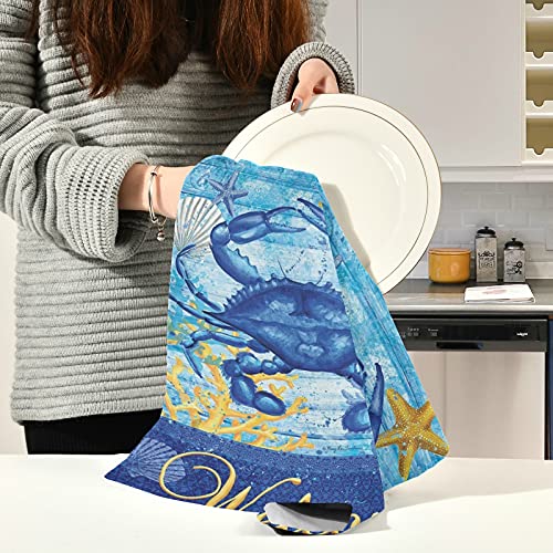 Alaza Blue Crab Decorative Kitchen Dish Towels Set Of 4,Soft And Absorbent Kitchen Hand Towels Home Cleaning Towels Dishcloths,18 X 28 Inch #TOP5
