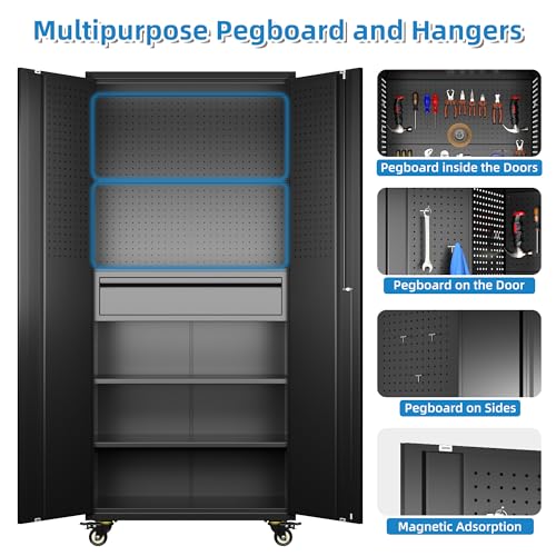 Image of 71 inchH Garage Storage Cabinet with Wheels, Drawer, Pegboard and 16 Hooks, Metal Storage Cabinet with Locking Doors and 2 Adjustable Shelves for Garage, Warehouse, Home, Black, Assembly Required